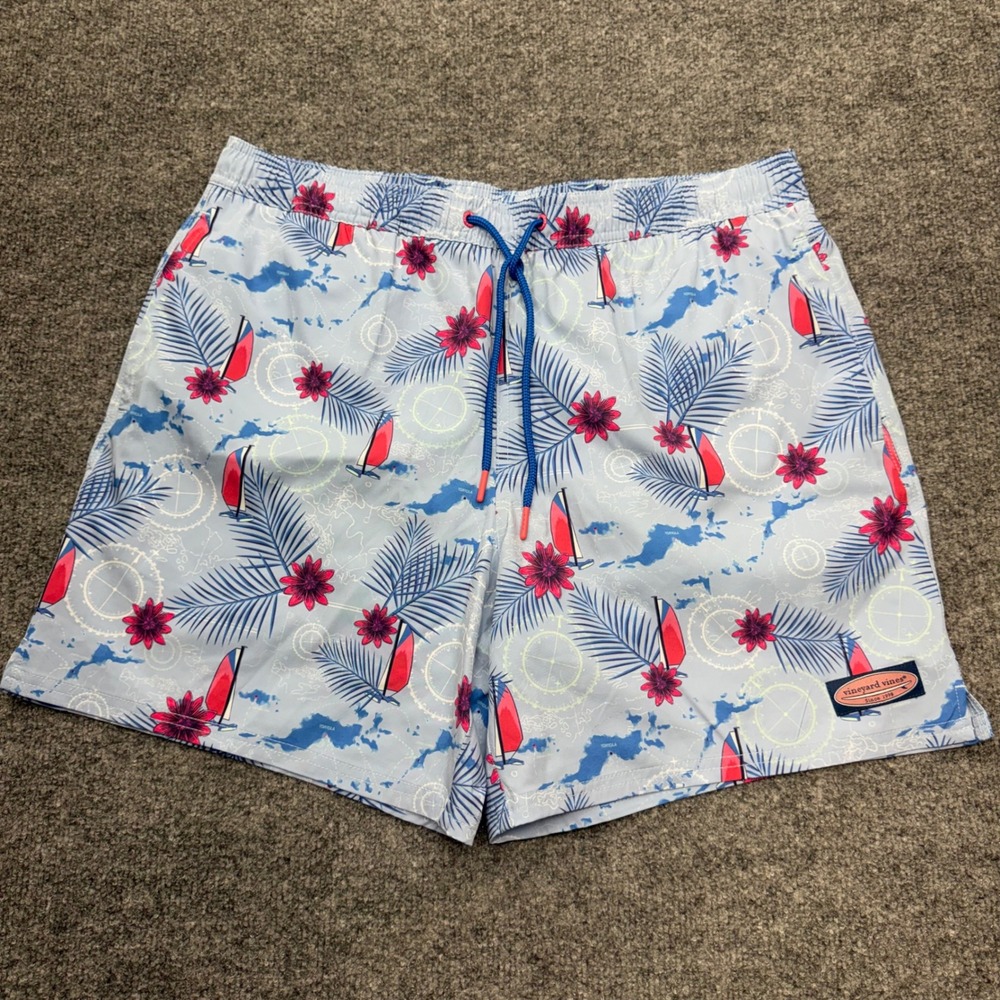 Vineyard Vines Mens L Blue Nautical Sailboat Floral Chappy Swim Trunks Shorts